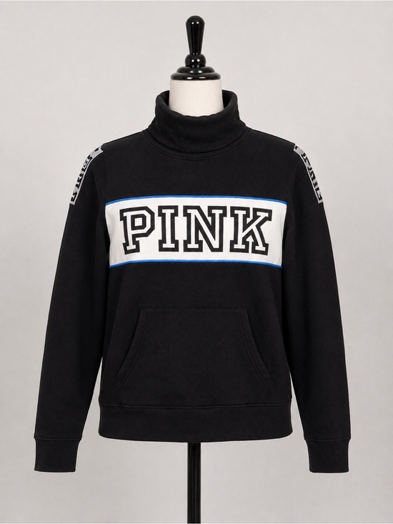 PINK Victoria's Secret Tops - PINK Victoria’s Secret Petite Pullover Sweatshirt Black Funnel Neck Logo Pocket